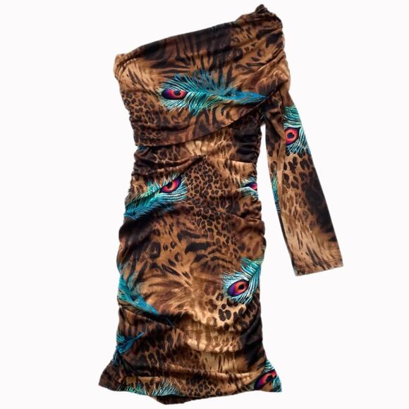 Venus Form Fitted 1 Sleeve Graphic Print Dress Sz S - Picture 2 of 4